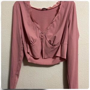 Fashion Nova Dusty Rose Ribbed Lace-Trim Long Sleeve Crop Top